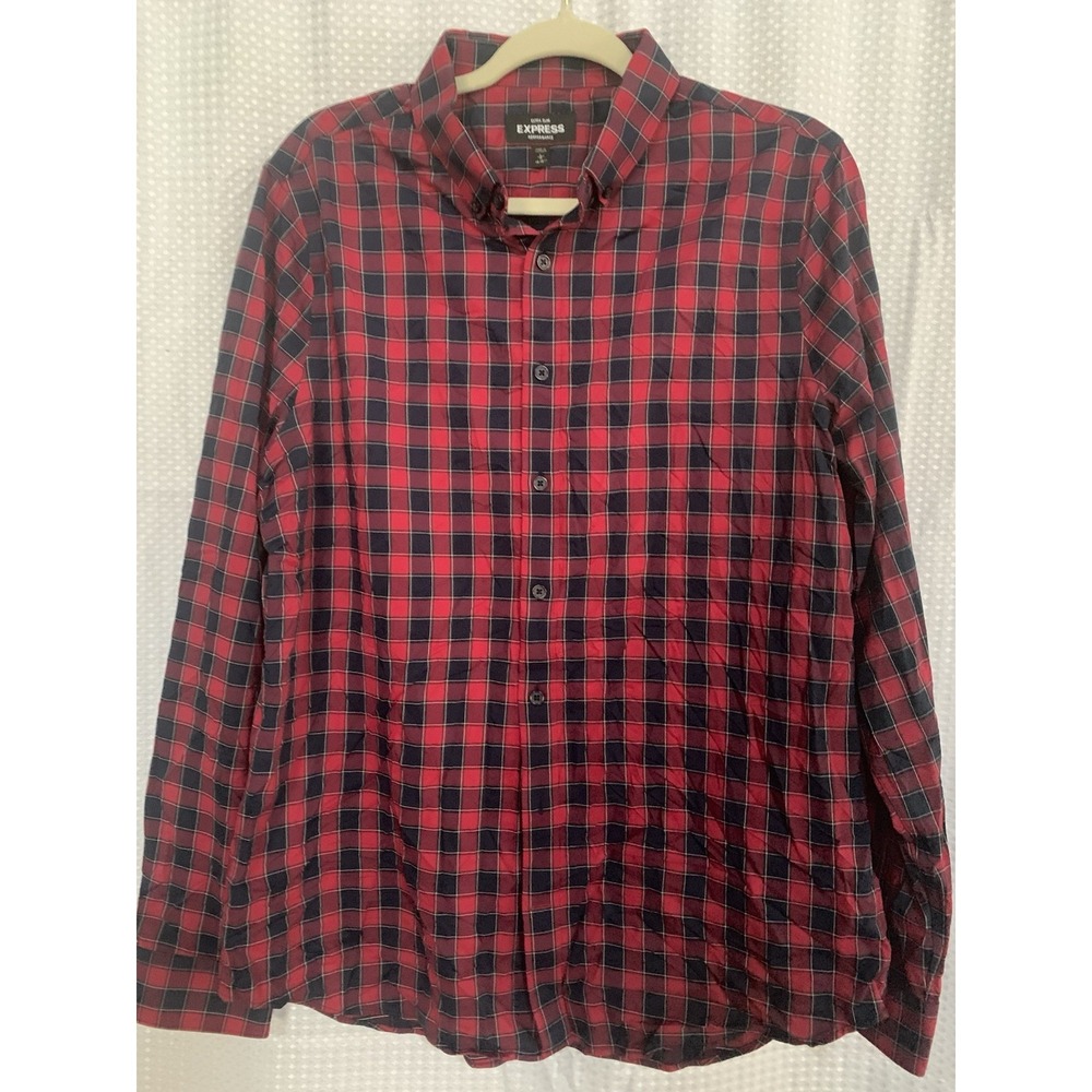 Express Mens Performance Extra Slim Large Red‎ Plaid Shirt 16 16.5